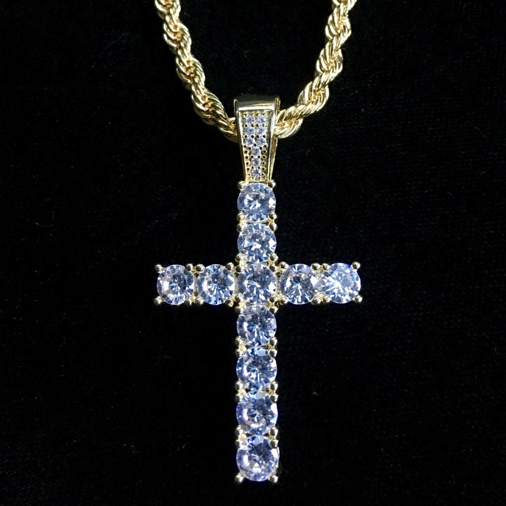 EXCLUSIVE CROSS 18K GOLD FULL LAB DIAMONDS NEW CHAIN NECKLACE PENDANT MADE ITALY